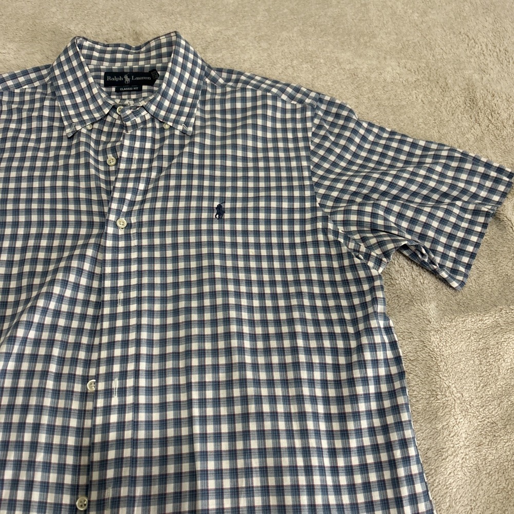 Polo‎ Ralph Lauren Large Short Sleeve Blue Plaid Button Down Classic Fit